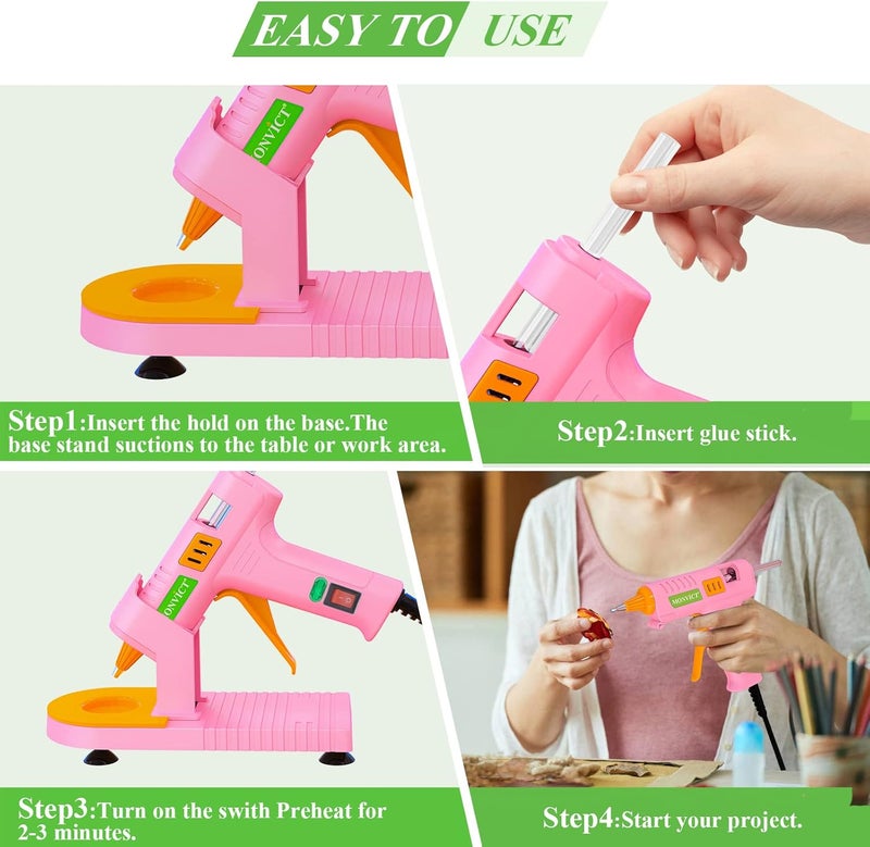 MONVICT Pink Hot Glue Gun Kit, Mini Glue Gun with Suction Cups Stand Anti Stick Silicone Mat, Hot Melt Glue Gun with Fine Tip & 30 Glue Sticks, On/Off Switch Design for DIY, Craft, Home School Project - Image 5
